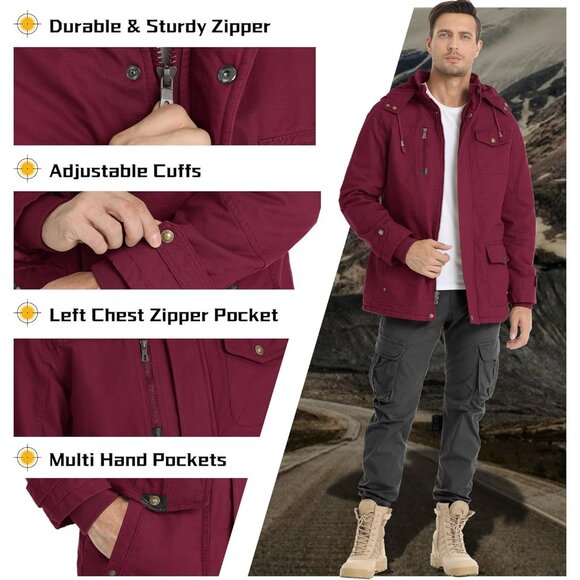Mens Wine Red Thick Winter Jacket Hooded Fleece Lined Cotton Military Coat - Picture 4 of 6